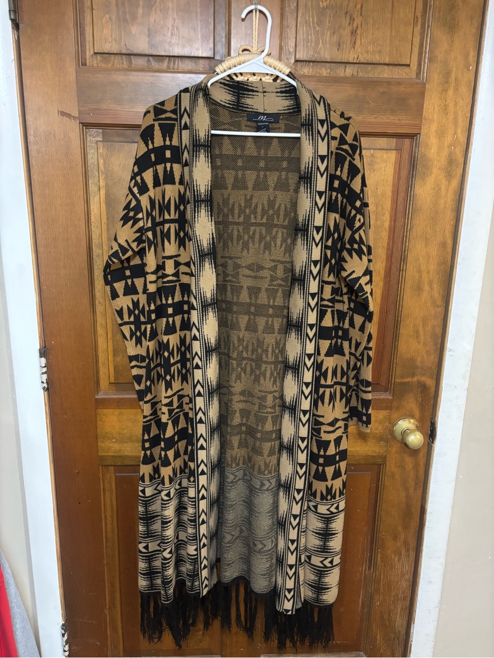 Fringed Aztec Open-Front Long Cardigan Sweater - Black and Tan